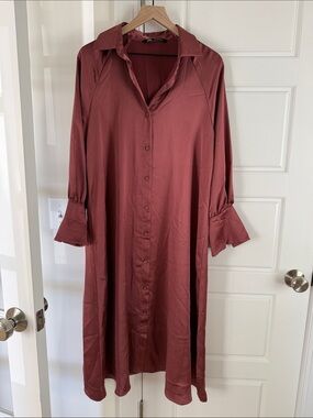 Zara Rust Button-Front Long Shirt Dress